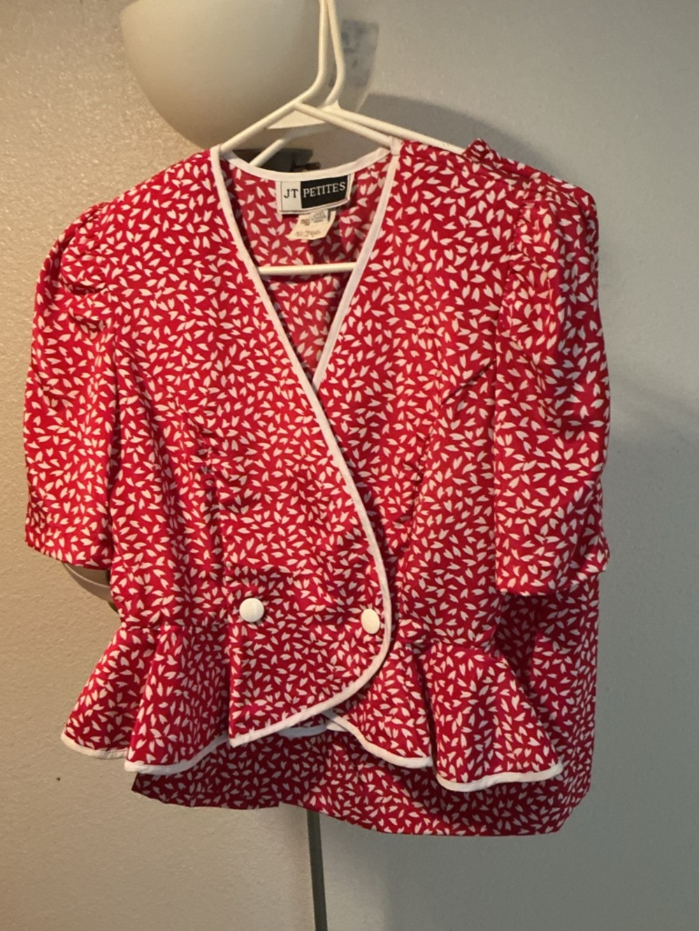 Red and White Patterned Peplum Jacket - JT Petites-2 Pc Suit